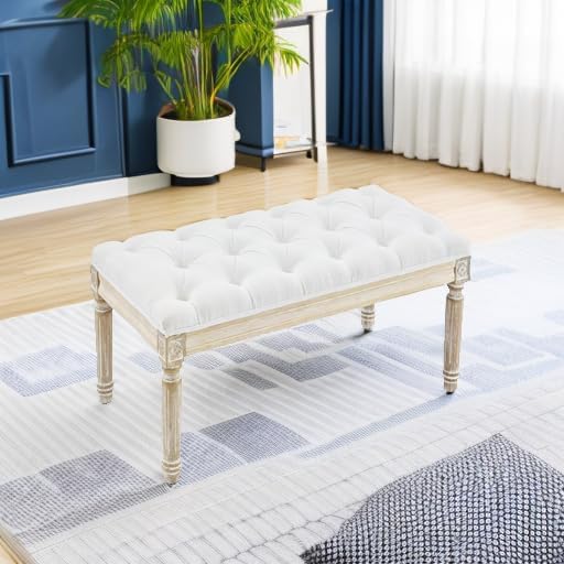 Vintage Tufted Linen Entryway Bench Wood Legs