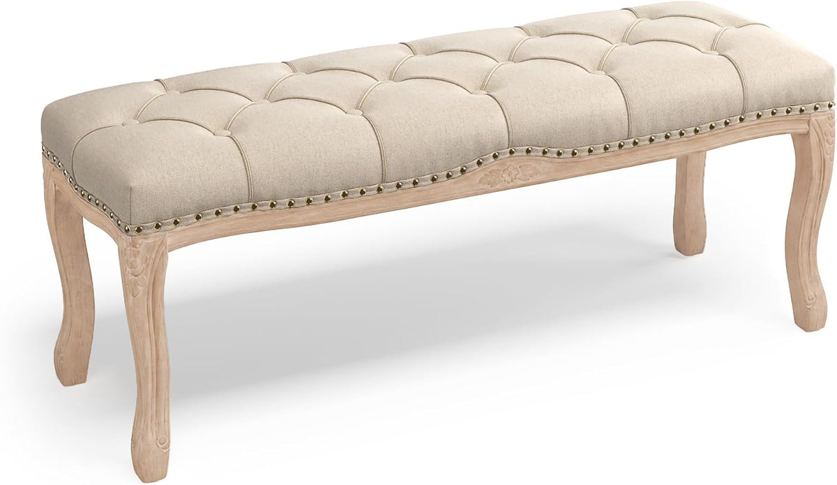 French Vintage Tufted Linen Bench Distressed Wood Legs