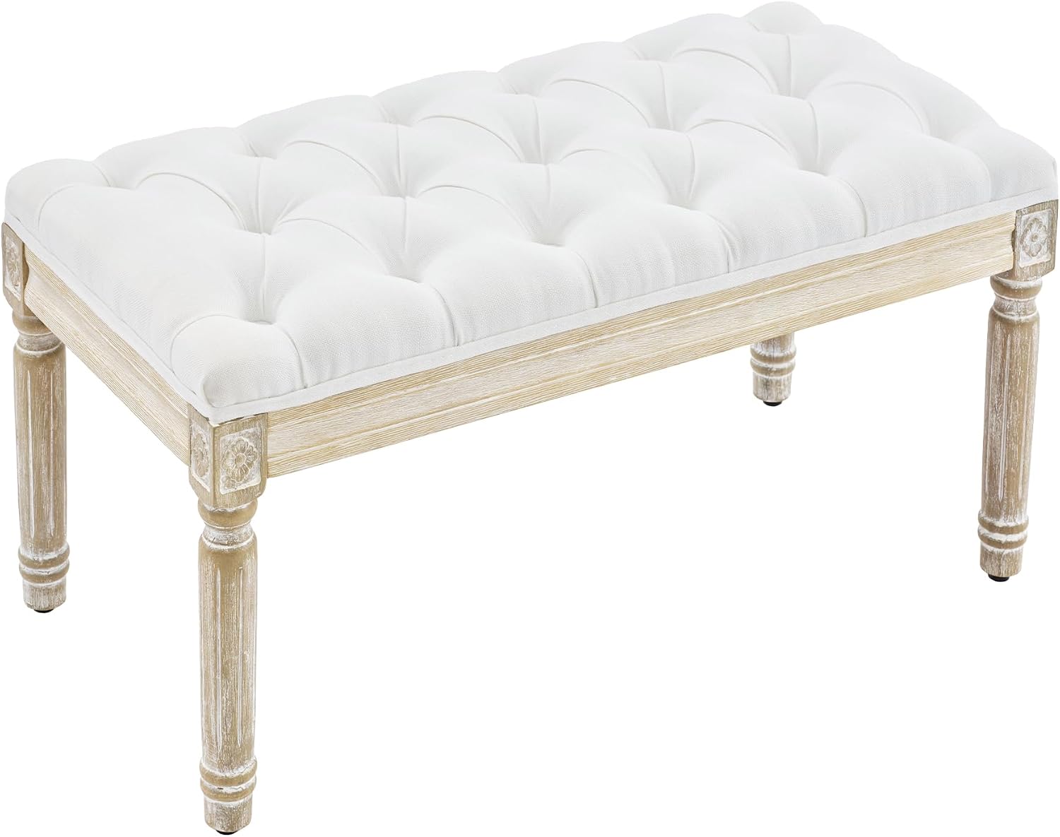 Vintage Tufted Linen Entryway Bench Wood Legs