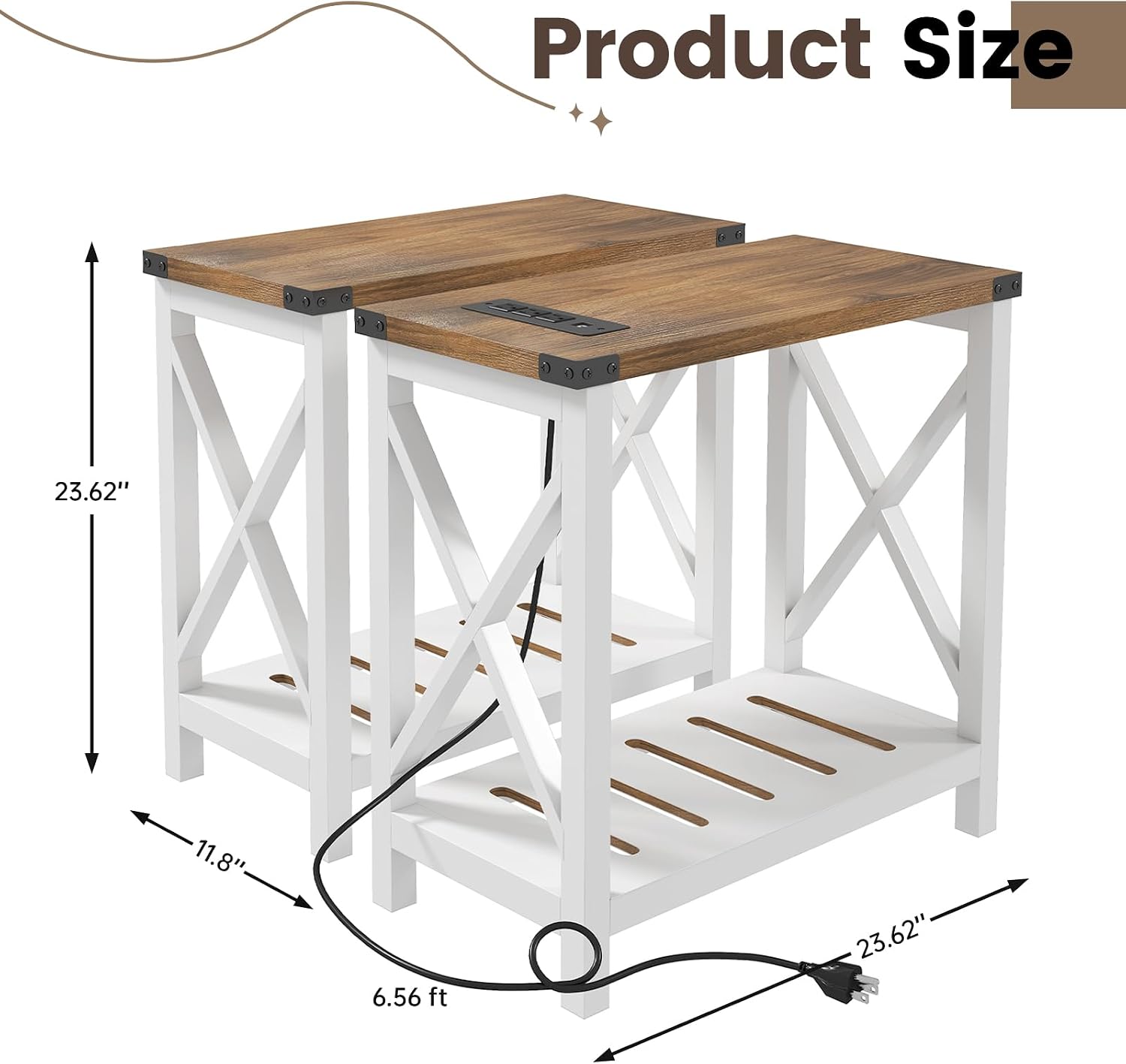 Farmhouse Narrow End Table Set White Brown