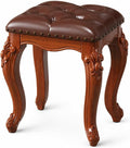 Upholstered Carved Wood Vanity Stool Tufted Leather