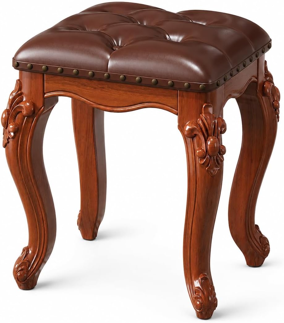 Upholstered Carved Wood Vanity Stool Tufted Leather