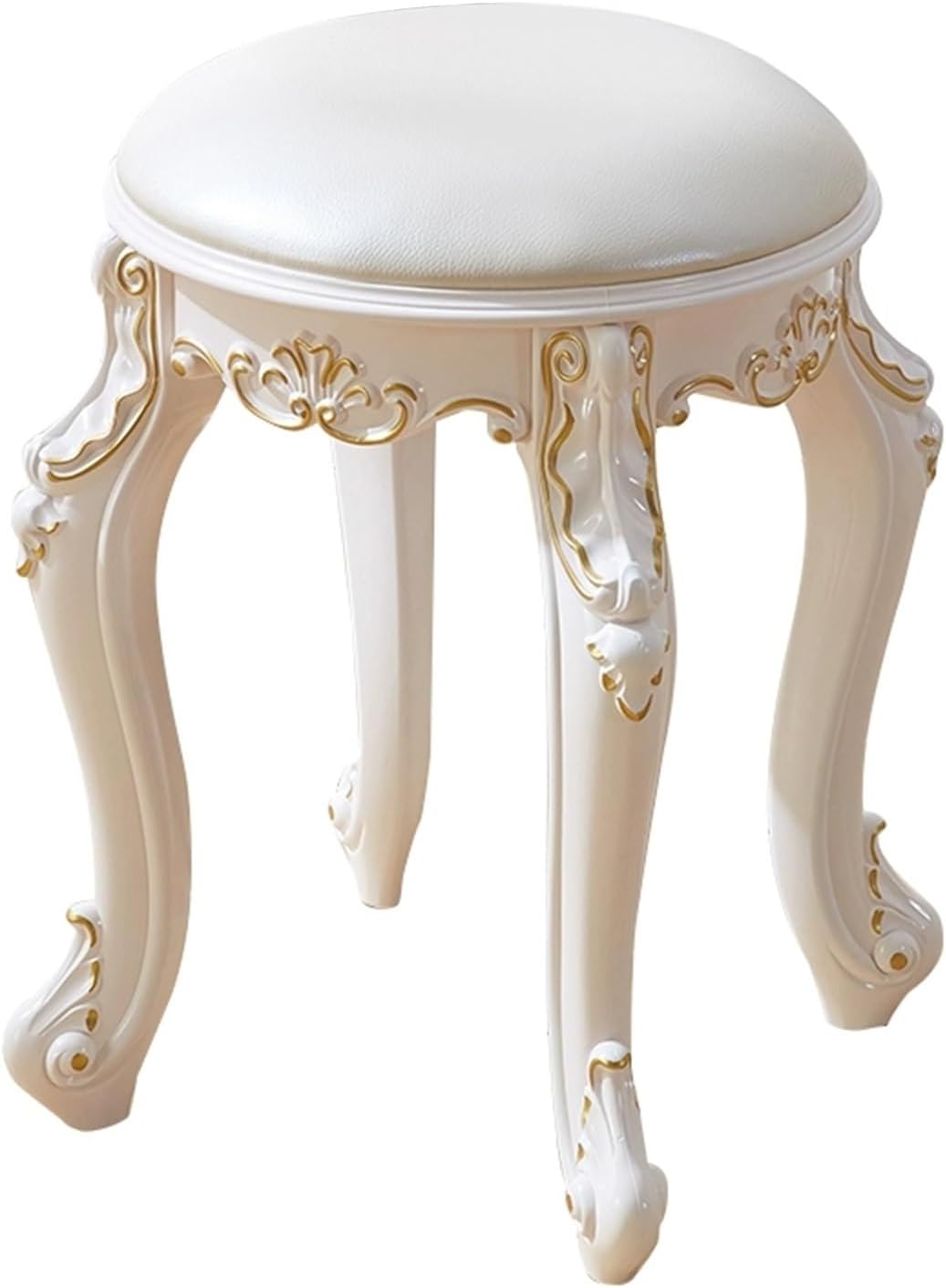 Vintage Round Vanity Stool White Leather Golden Legs