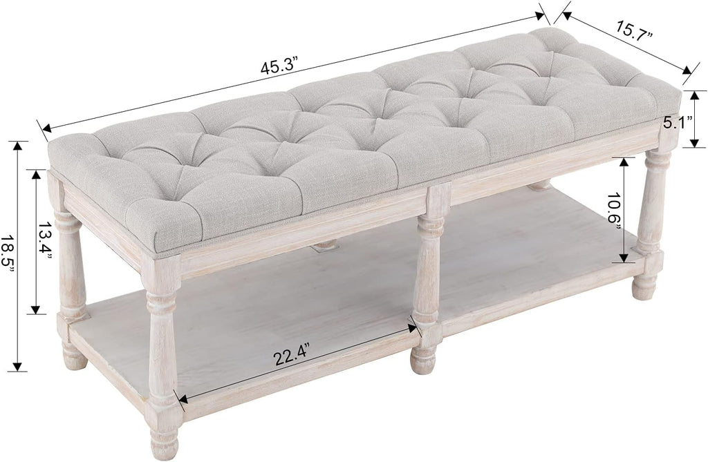 Tufted Wood Storage Bench Beige