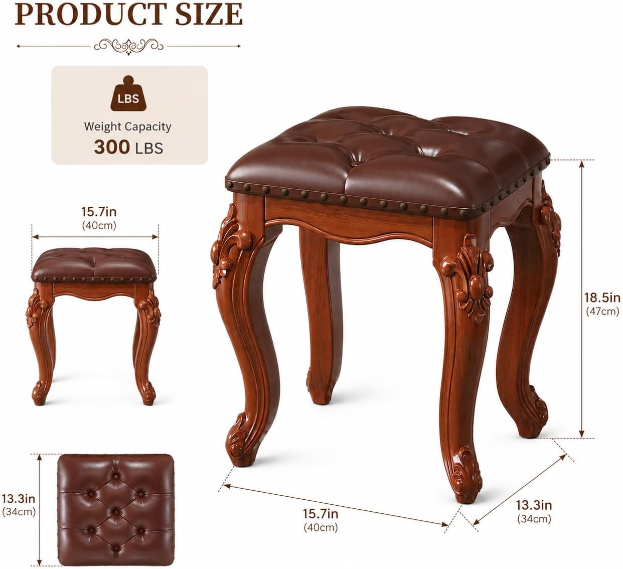 Upholstered Carved Wood Vanity Stool Tufted Leather