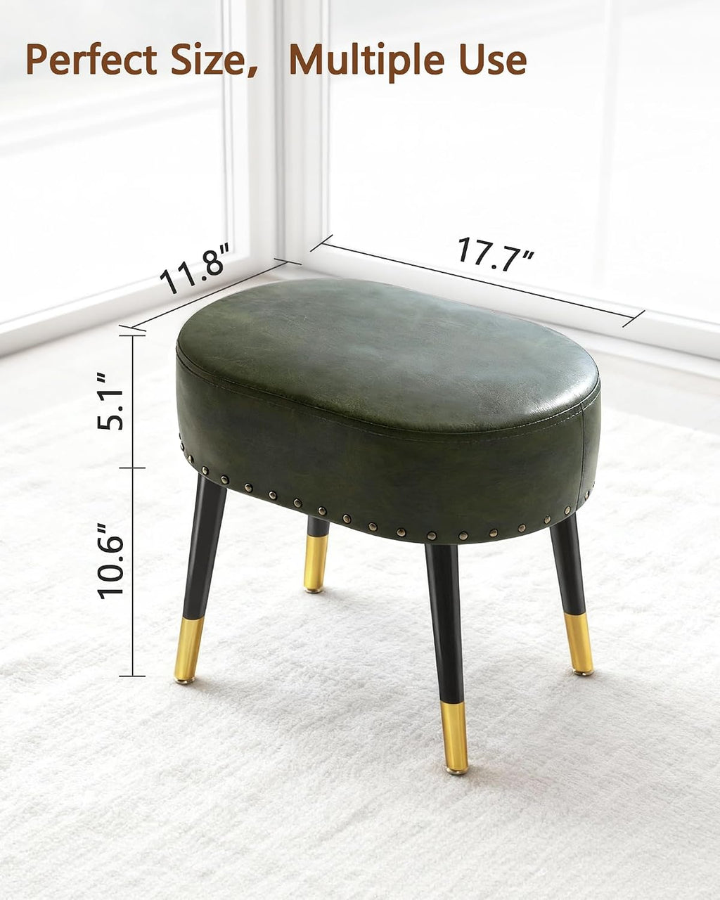 Vintage Green Leather Oval Vanity Stool Metal Legs