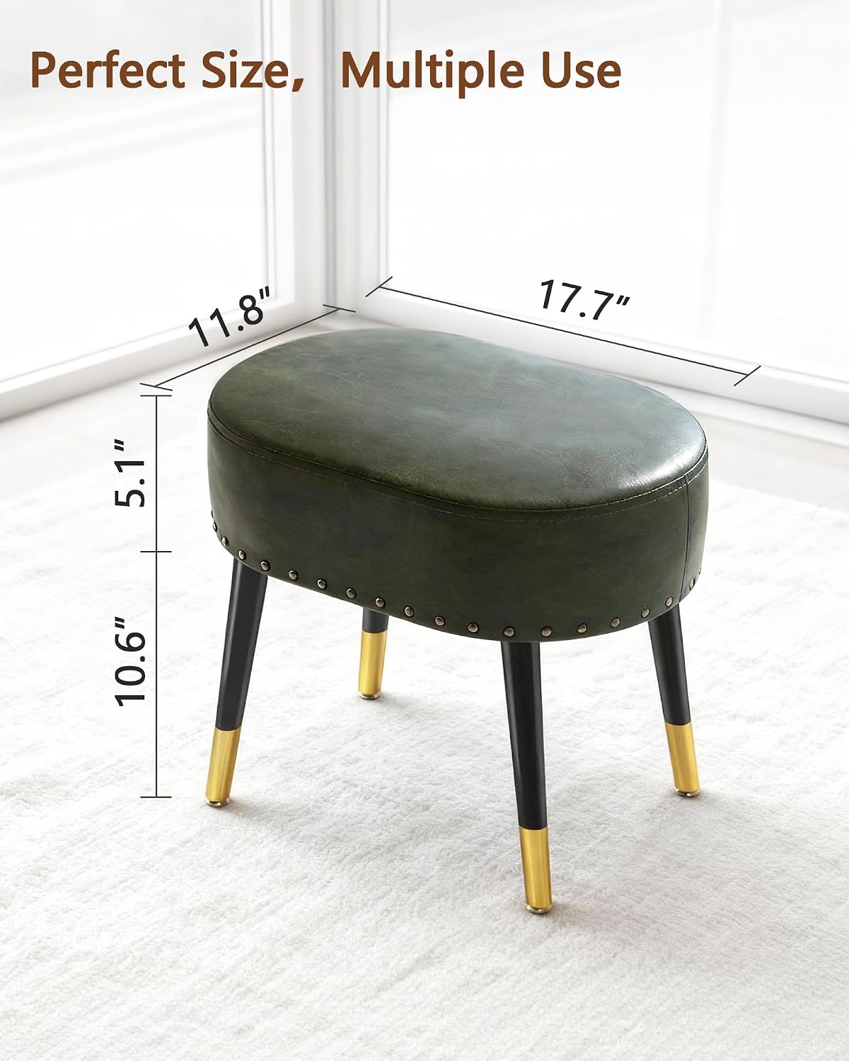 Vintage Green Leather Oval Vanity Stool Metal Legs