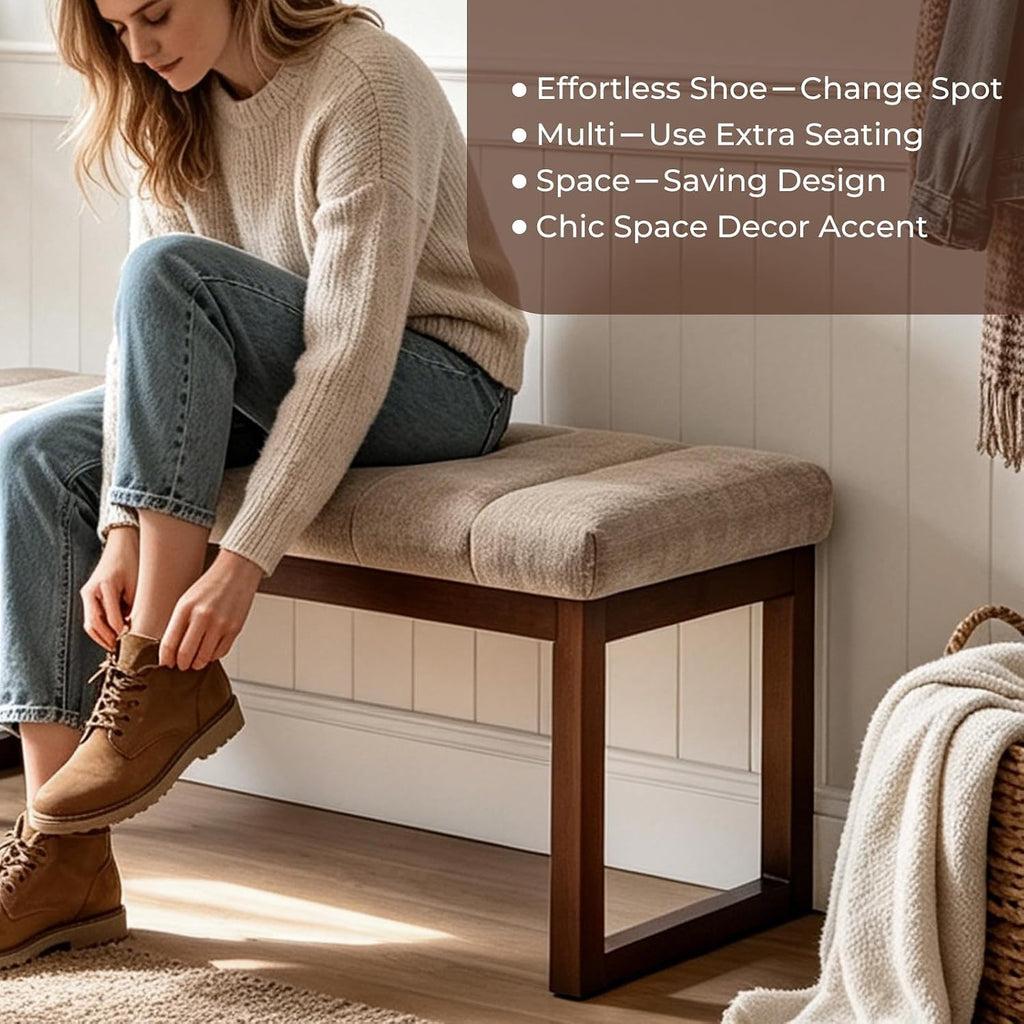 Tufted Chenille Wood Frame Bedroom Bench Camel