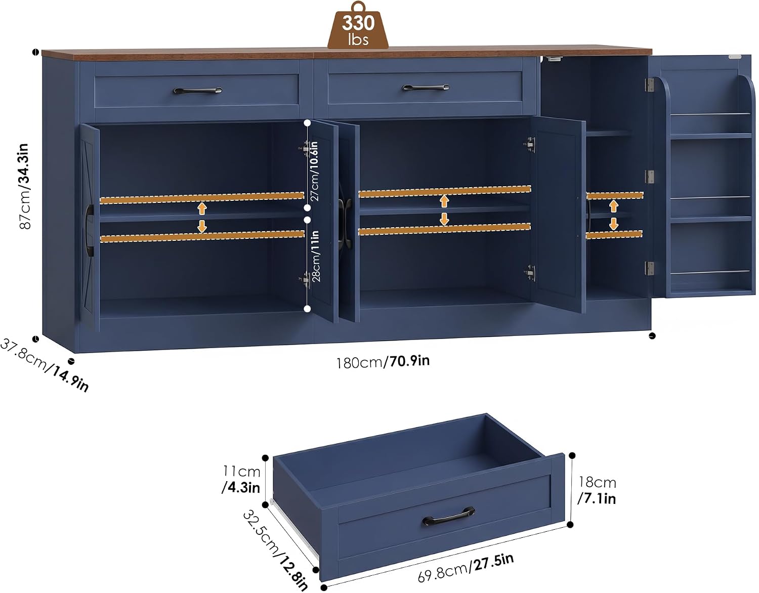 71" Farmhouse Blue Sideboard With Storage