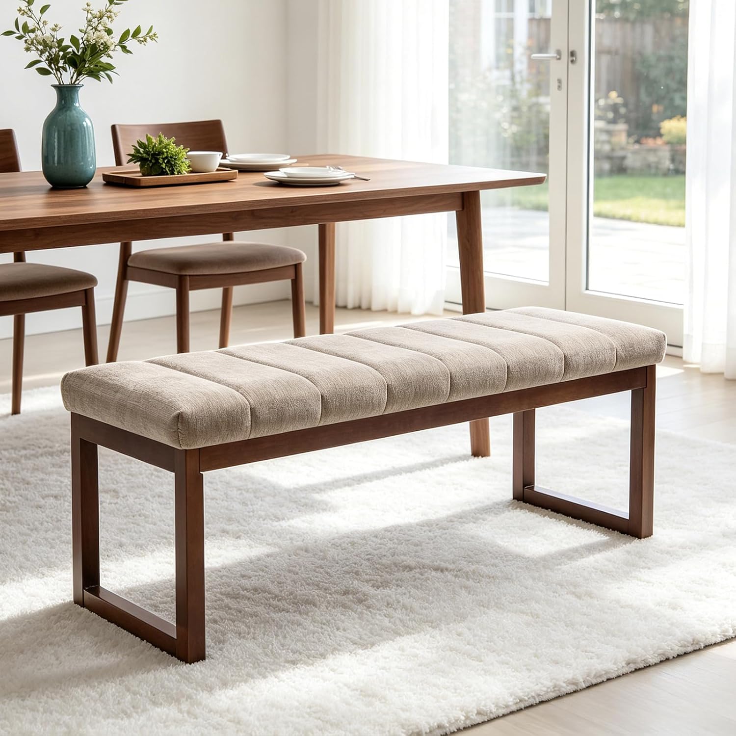 Tufted Chenille Wood Frame Bedroom Bench Camel