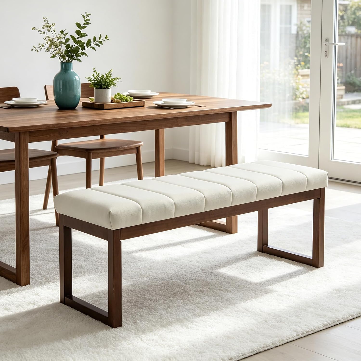 Linen Wood Frame Bedroom Bench Cream