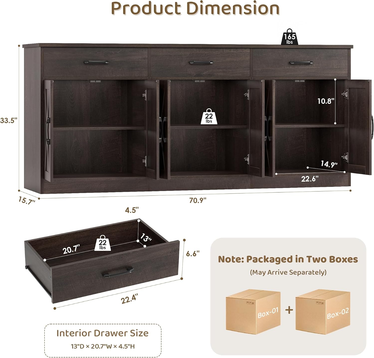 Farmhouse Brown Sideboard With 3 Drawers