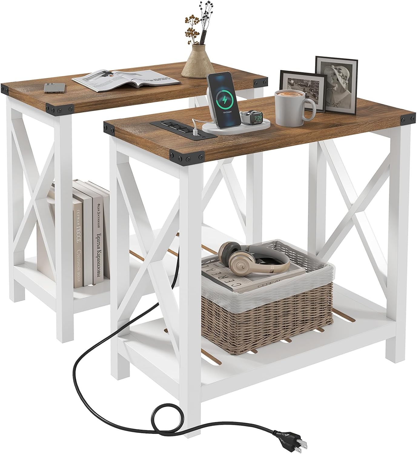 Farmhouse Narrow End Table Set White Brown