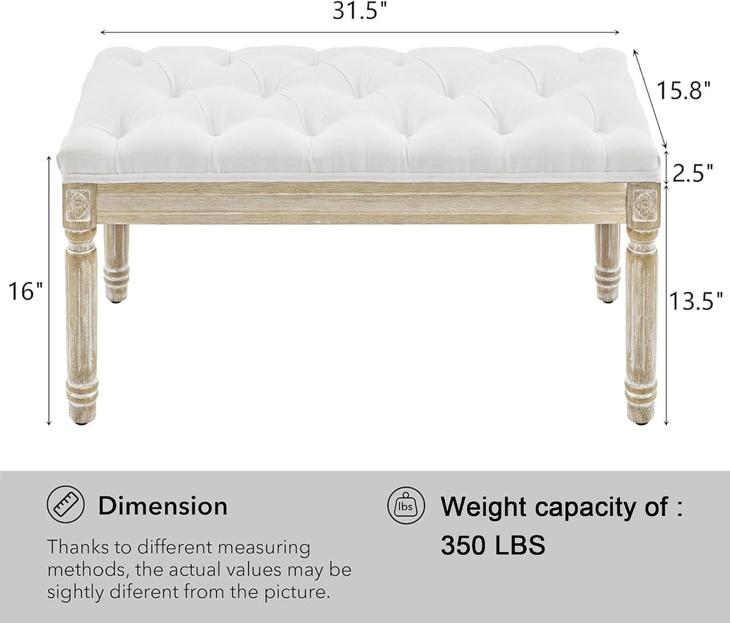 Vintage Tufted Linen Entryway Bench Wood Legs
