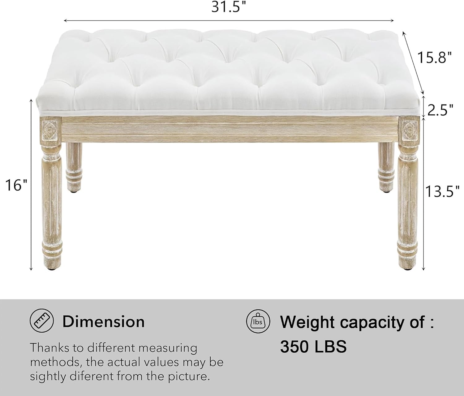 Vintage Tufted Linen Entryway Bench Wood Legs