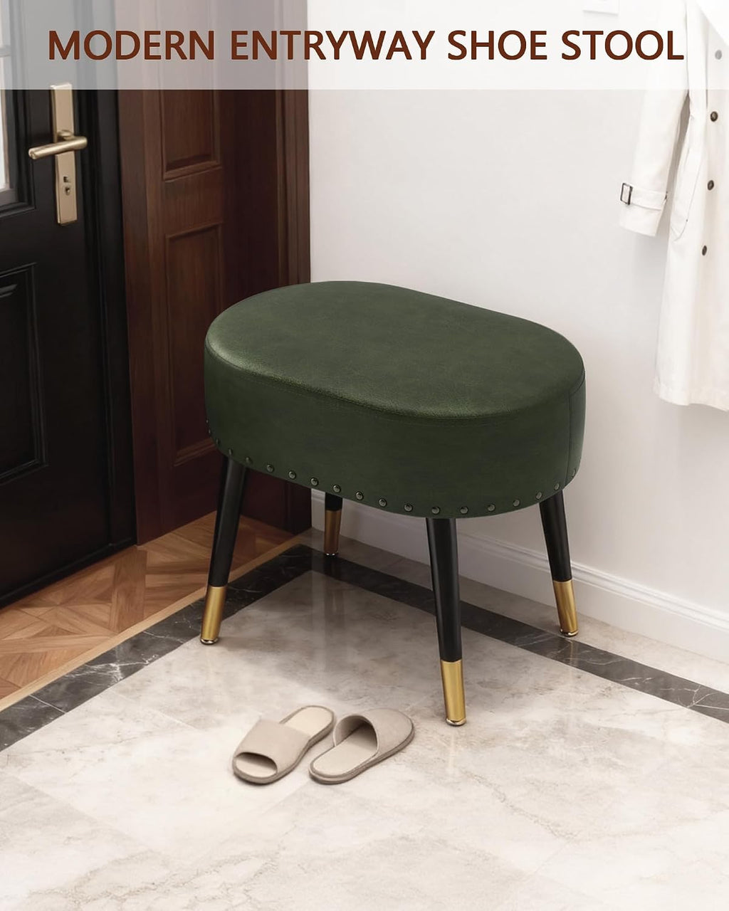 Vintage Green Leather Oval Vanity Stool Metal Legs
