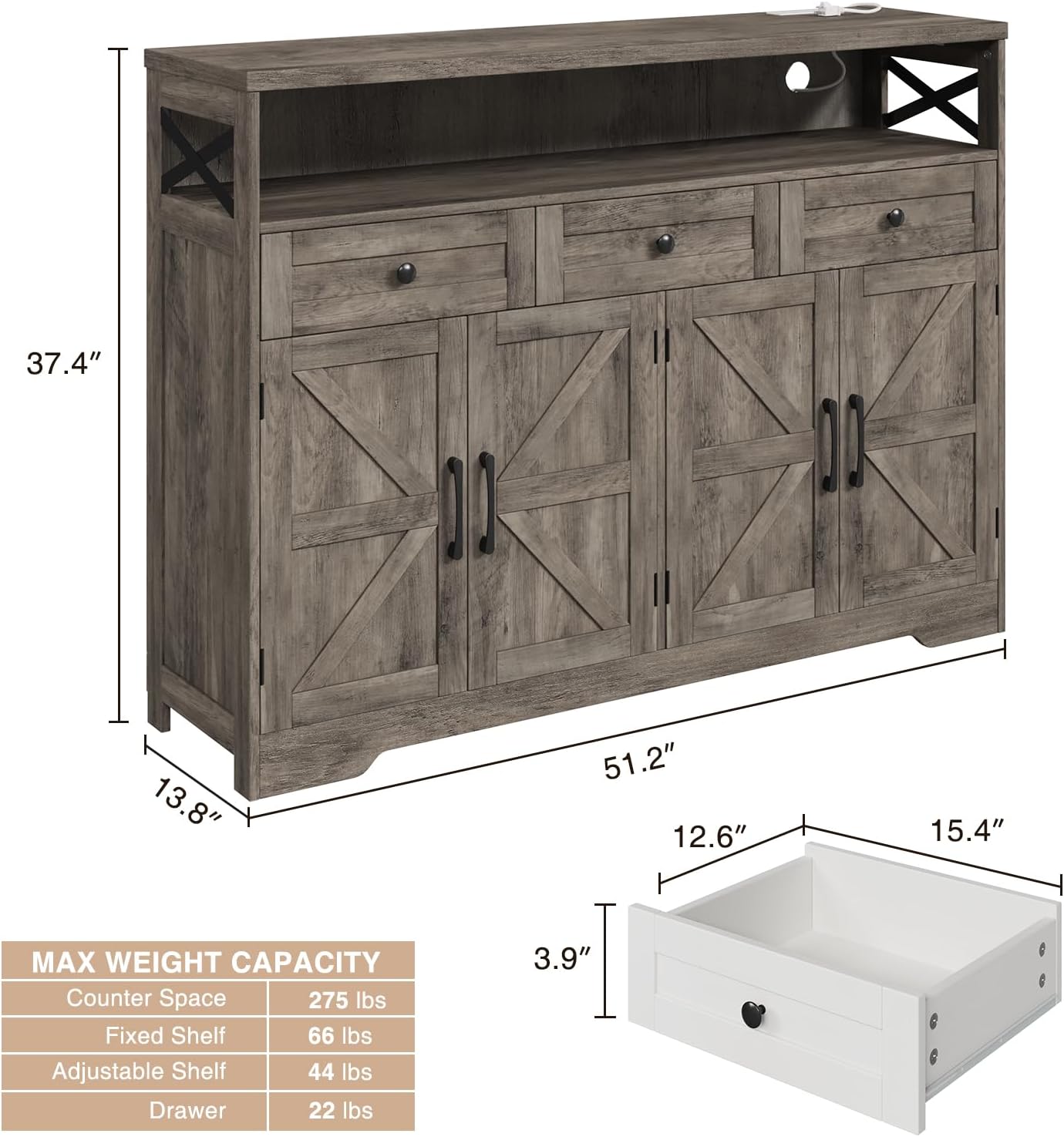 51" Farmhouse Grey Buffet Sideboard With Storage