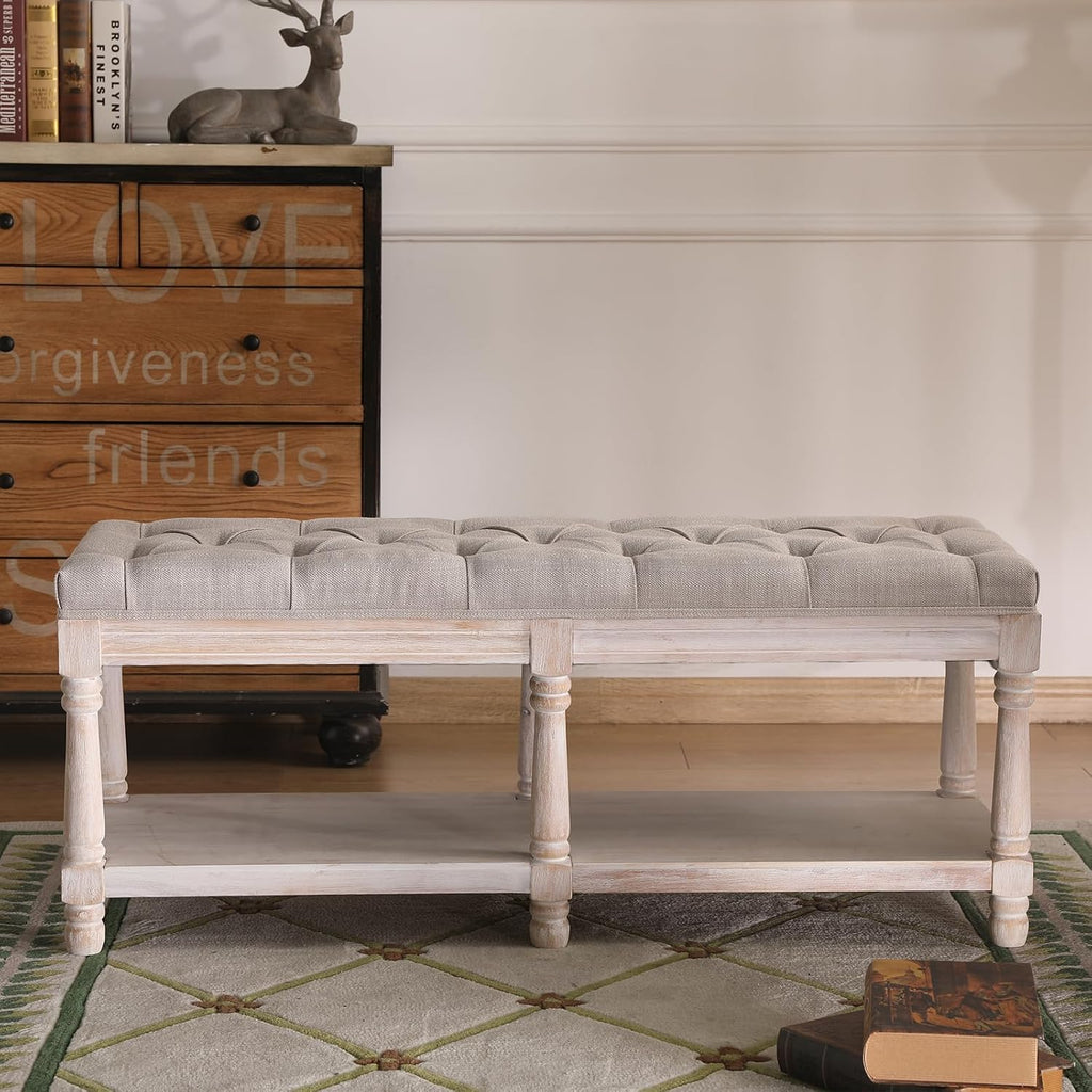 Tufted Wood Storage Bench Beige