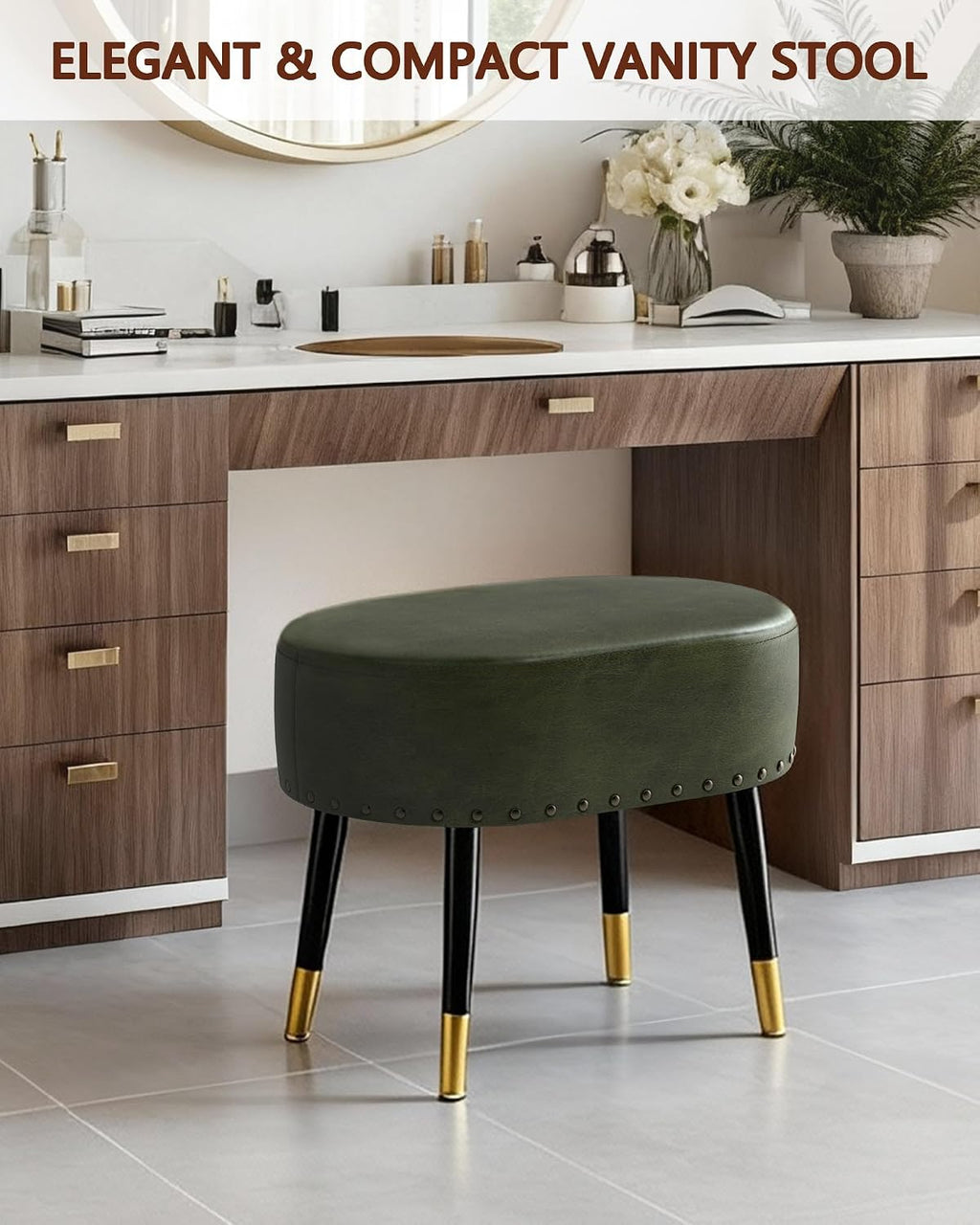 Vintage Green Leather Oval Vanity Stool Metal Legs