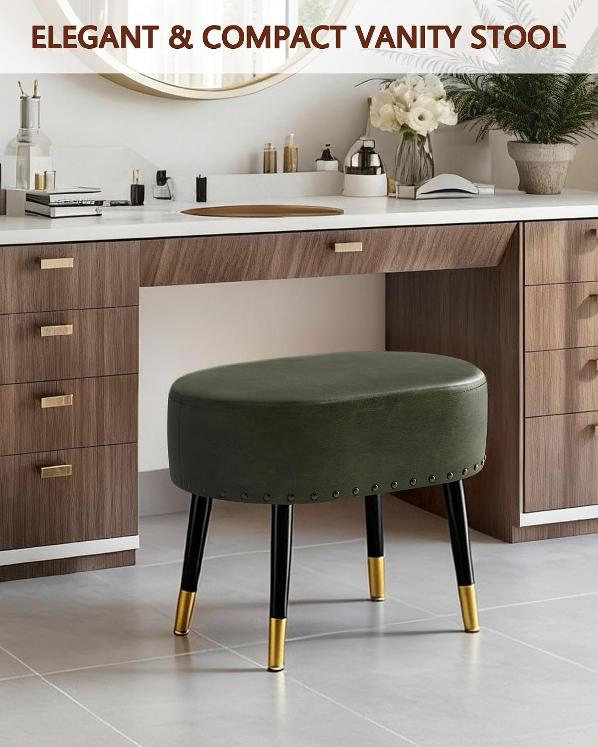 Vintage Green Leather Oval Vanity Stool Metal Legs