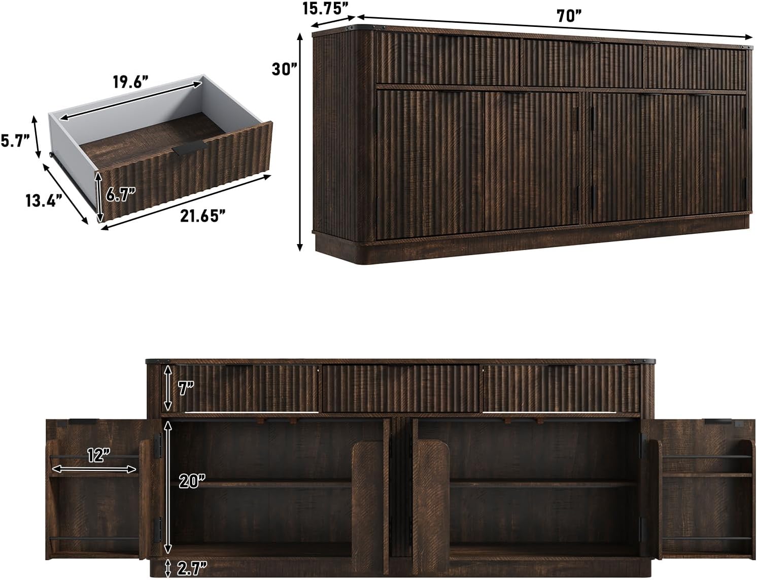 70" Fluted Farmhouse Sideboard Rustic Brown