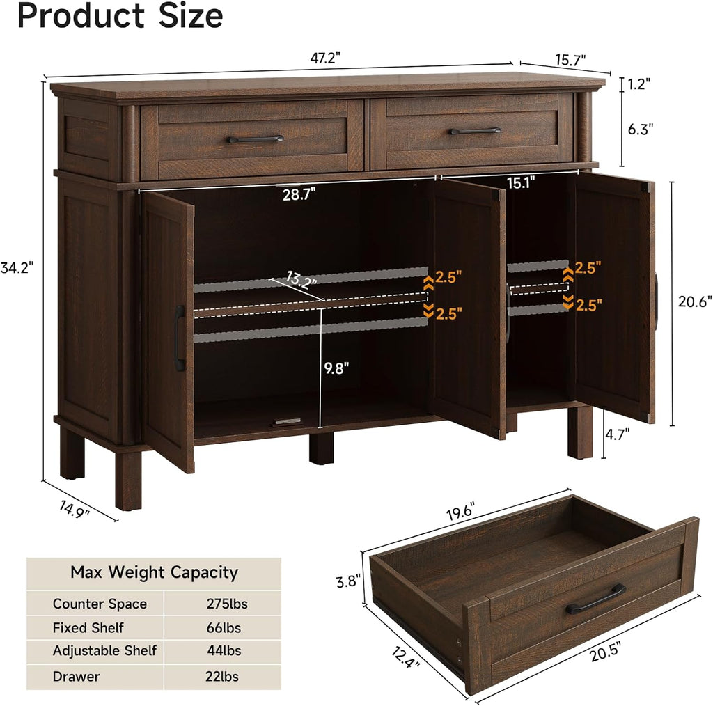 48" Farmhouse Brown Buffet Cabinet With Storage
