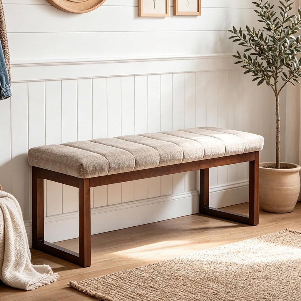 Tufted Chenille Wood Frame Bedroom Bench Camel