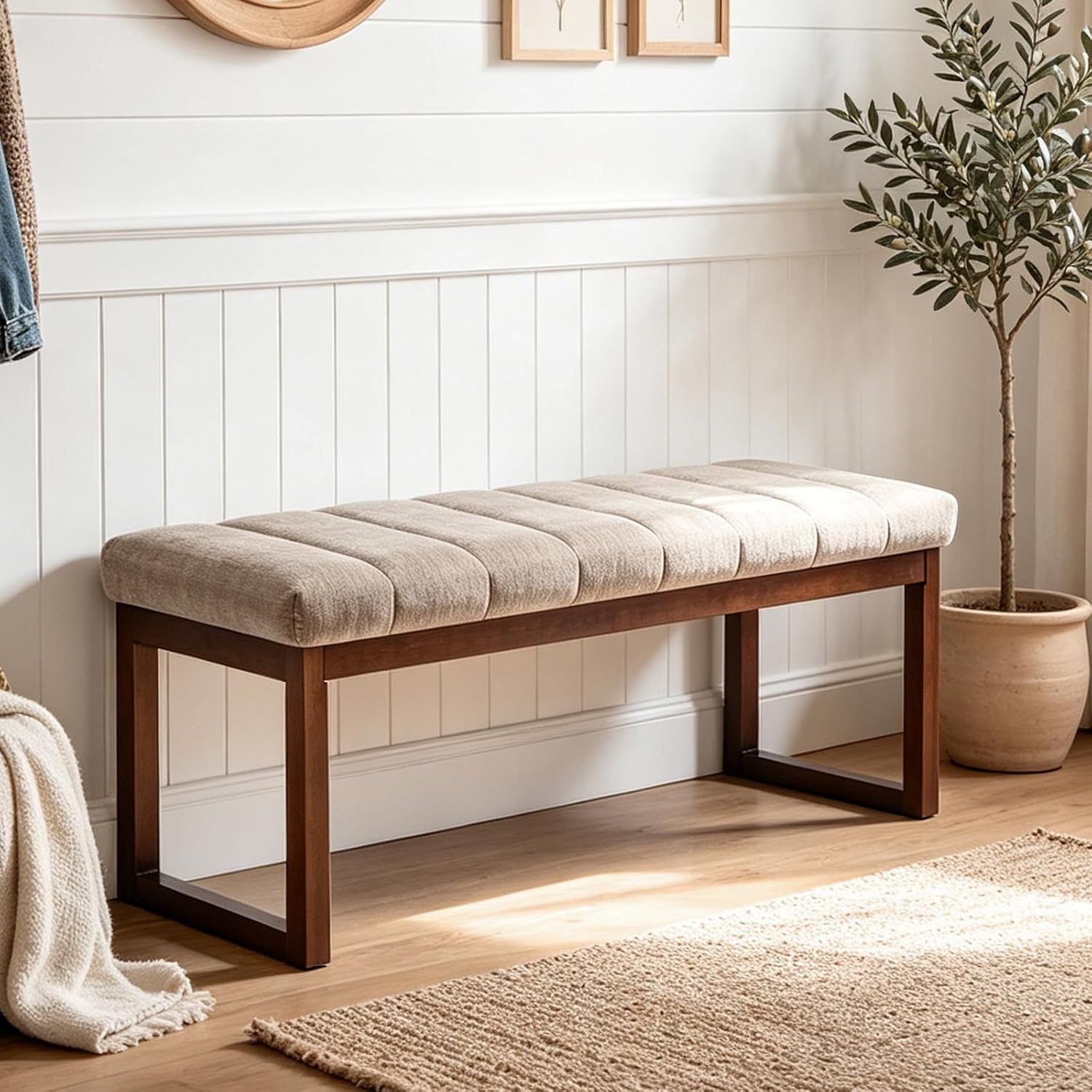 Tufted Chenille Wood Frame Bedroom Bench Camel
