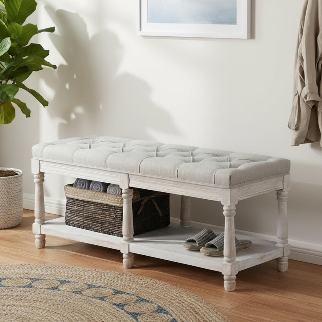 Tufted Wood Storage Bench Beige