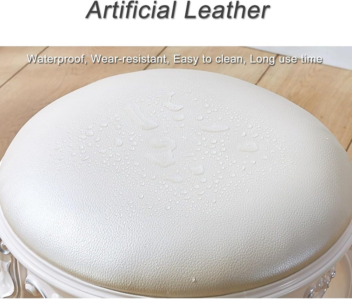Vintage Round Vanity Stool White Leather Golden Legs