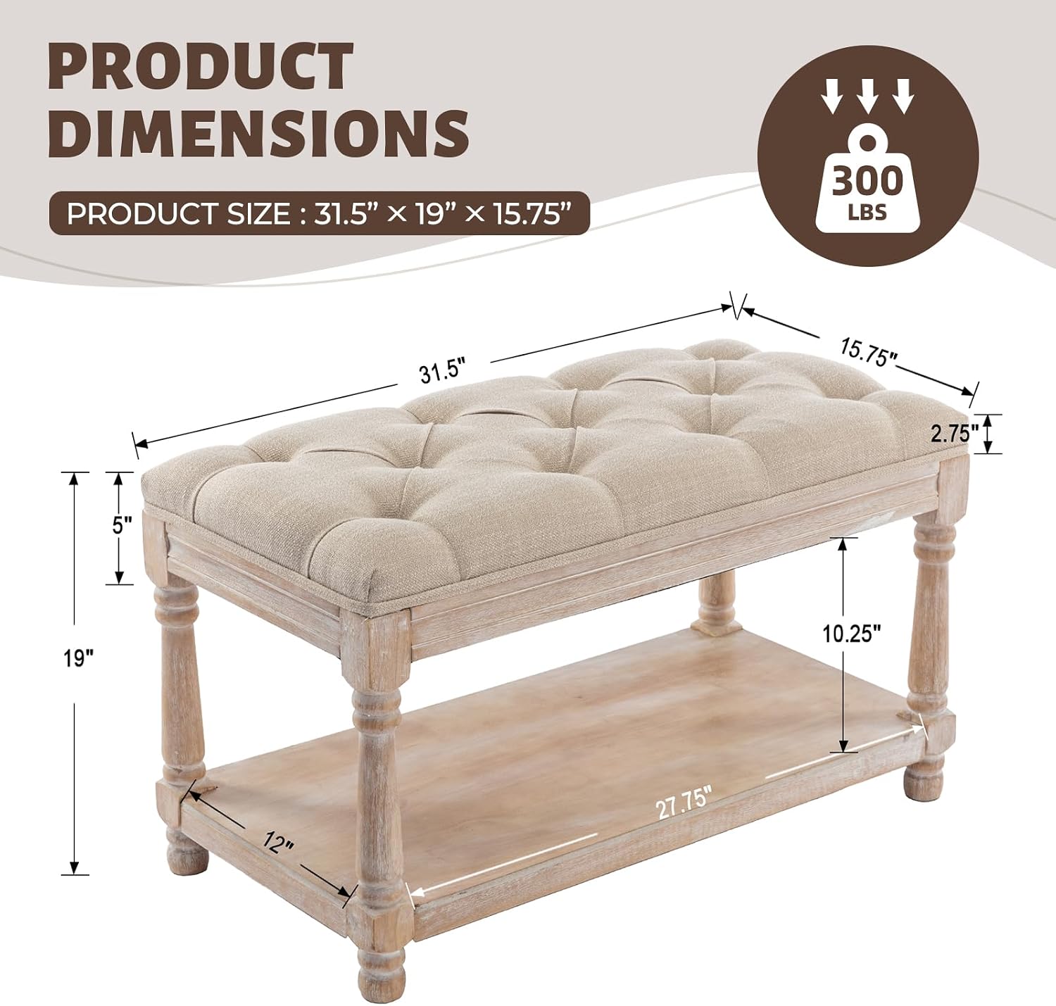 Tufted Wood Storage Bench Beige