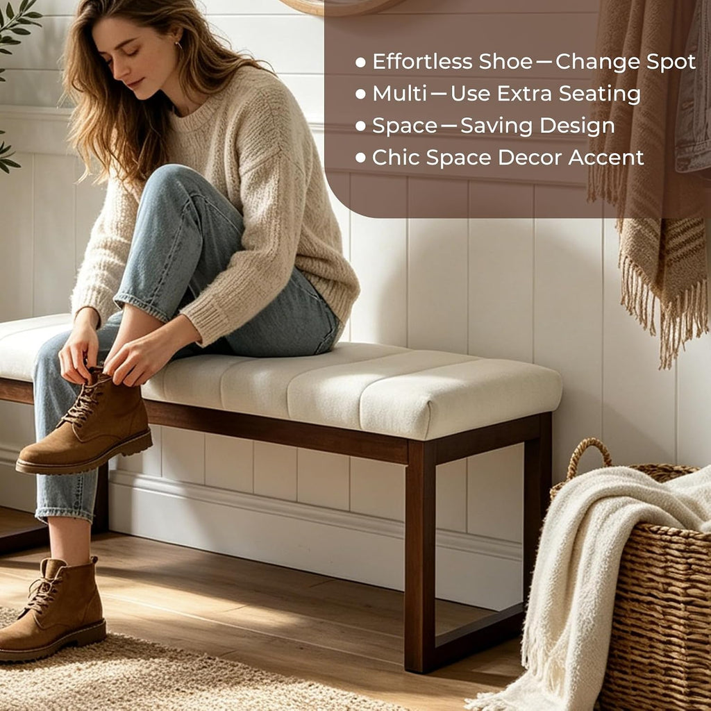 Linen Wood Frame Bedroom Bench Cream