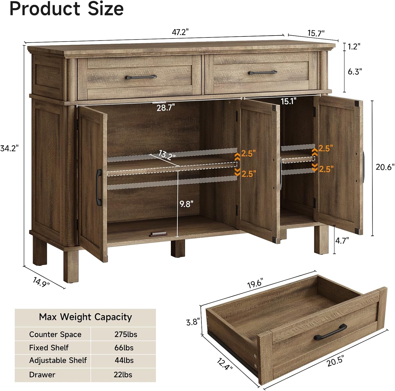 48" Farmhouse Washed Grey Buffet Cabinet With Storage