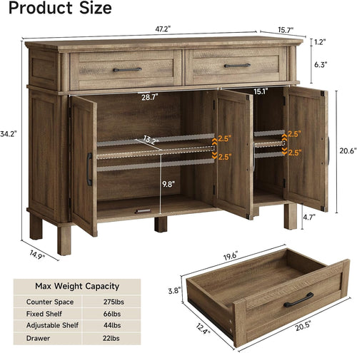 48" Farmhouse Washed Grey Buffet Cabinet With Storage