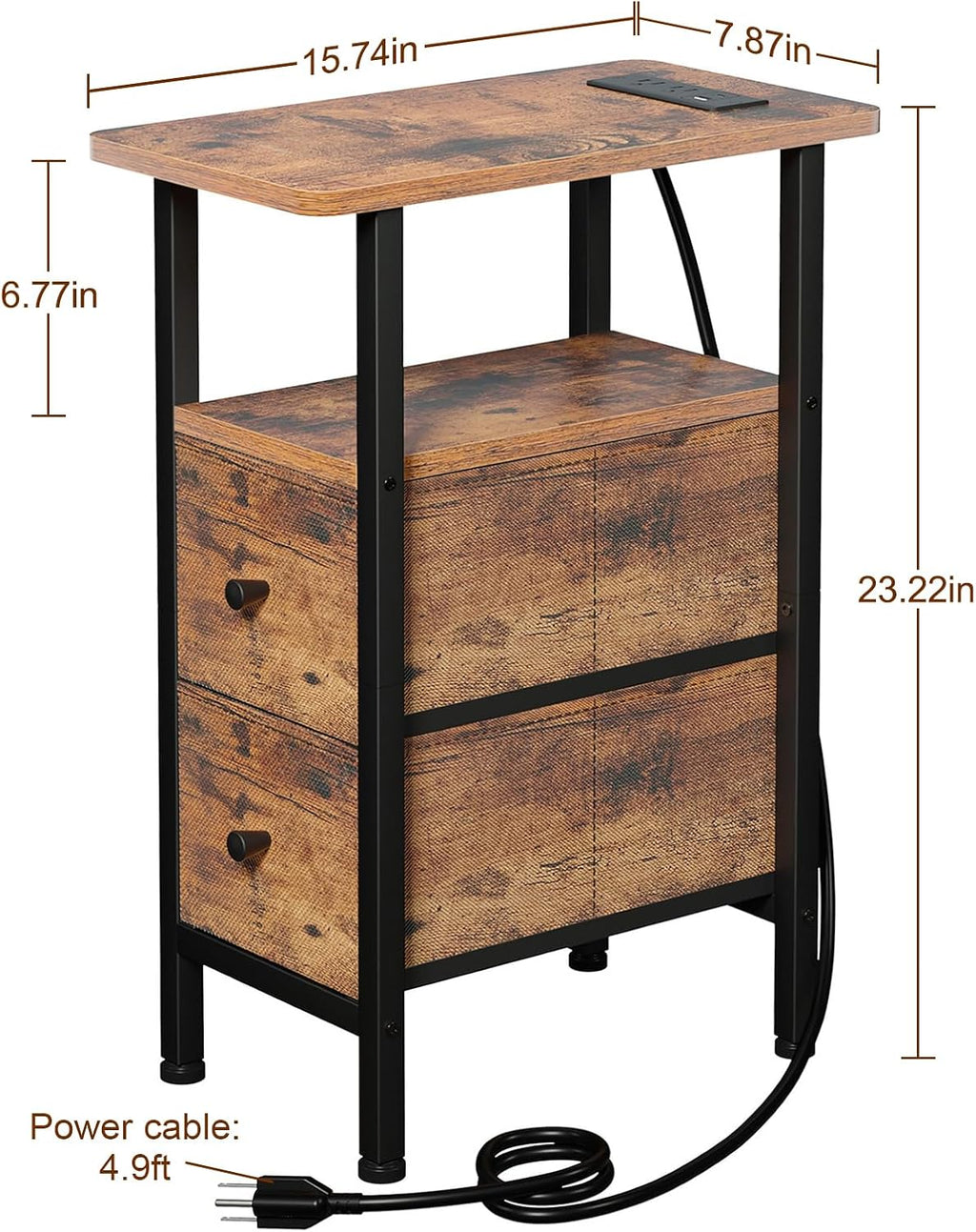 Narrow Rustic Brown End Table With Charging Station
