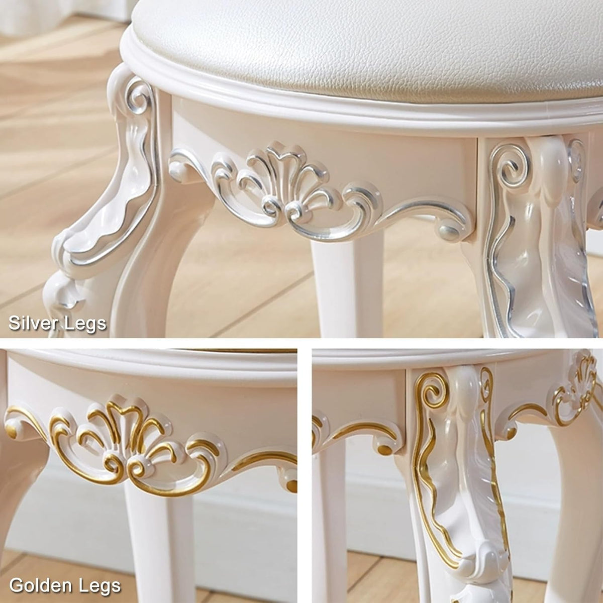 Vintage Round Vanity Stool White Leather Golden Legs