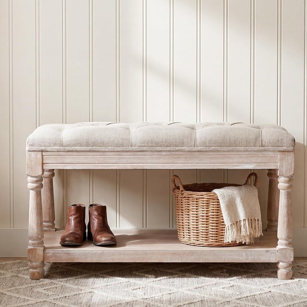 Tufted Wood Storage Bench Beige