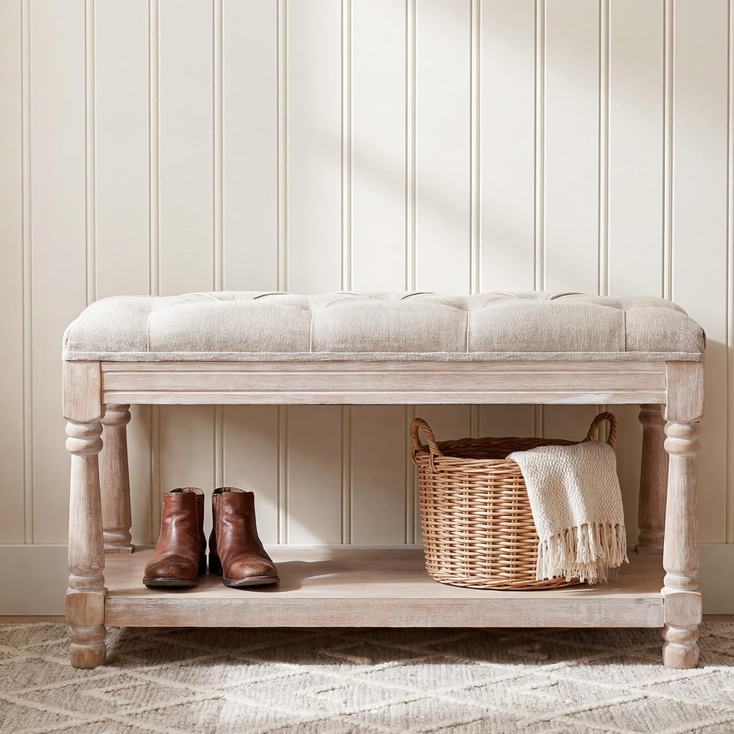 Tufted Wood Storage Bench Beige
