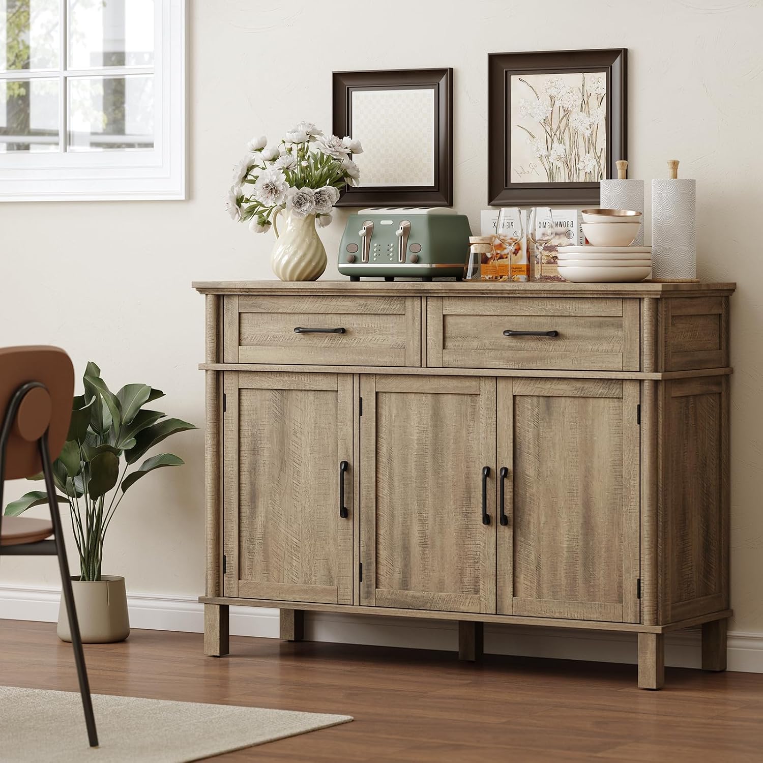 48" Farmhouse Washed Grey Buffet Cabinet With Storage