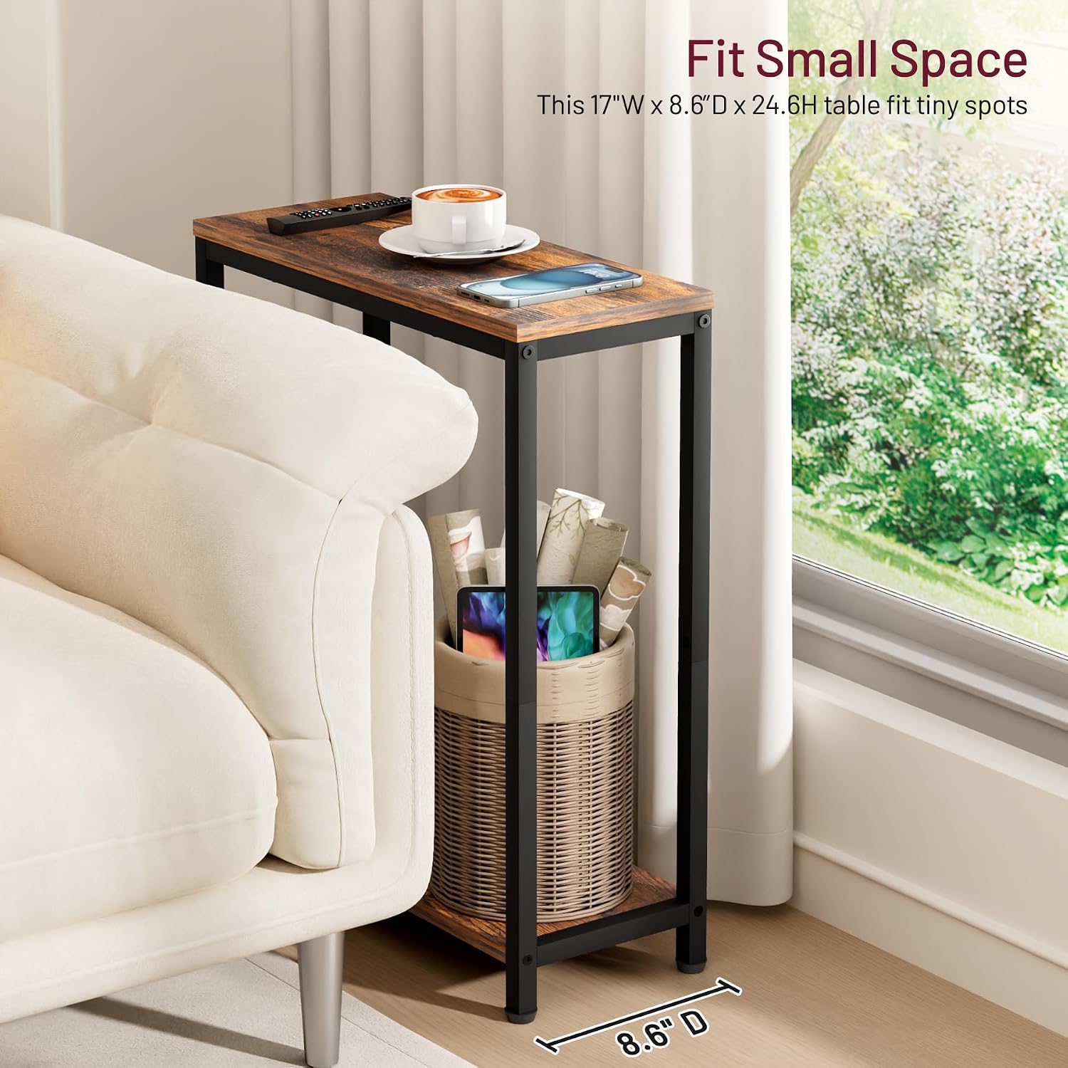2‑Tier Narrow End Table Rustic Brown Black
