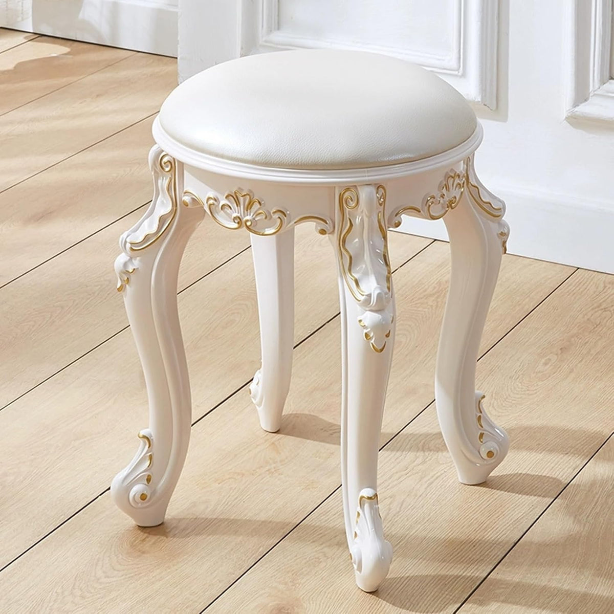 Vintage Round Vanity Stool White Leather Golden Legs