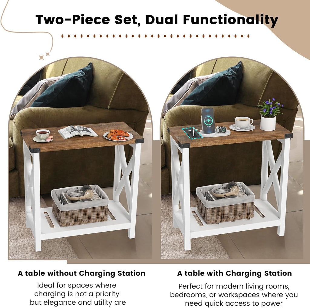Farmhouse Narrow End Table Set White Brown