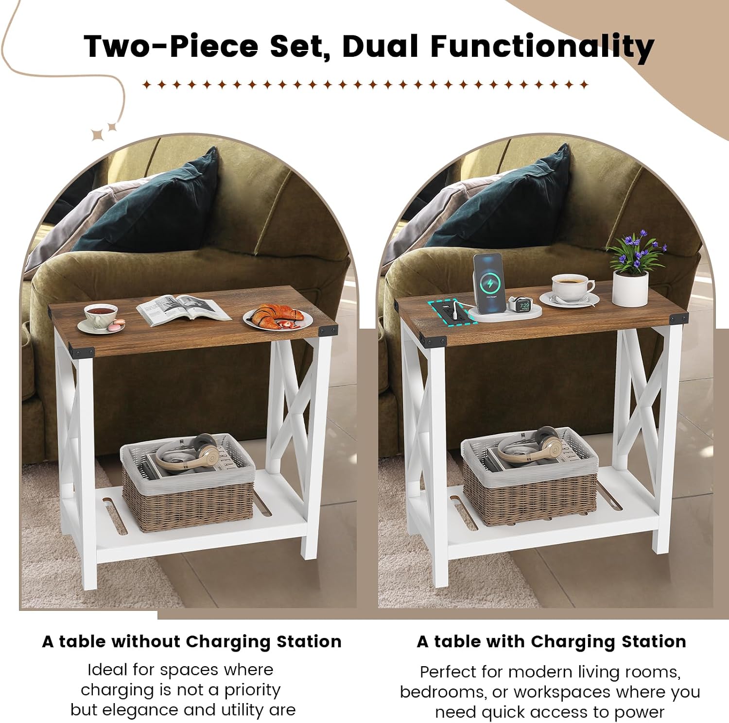 Farmhouse Narrow End Table Set White Brown