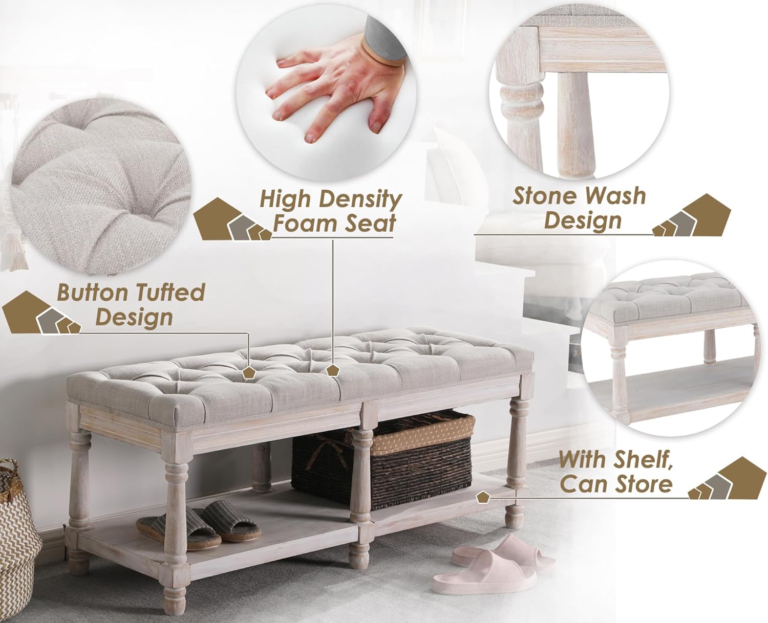 Tufted Wood Storage Bench Beige