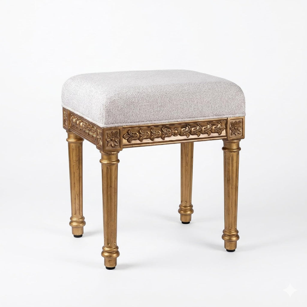 French Vintage Square Tufted Upholstered Vanity Stool