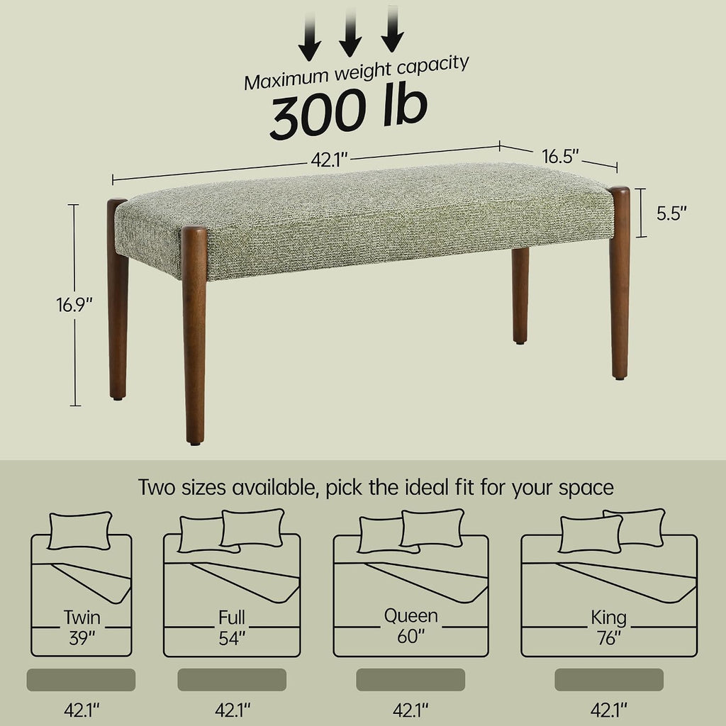 Modern Green Upholstered Bench Walnut Legs