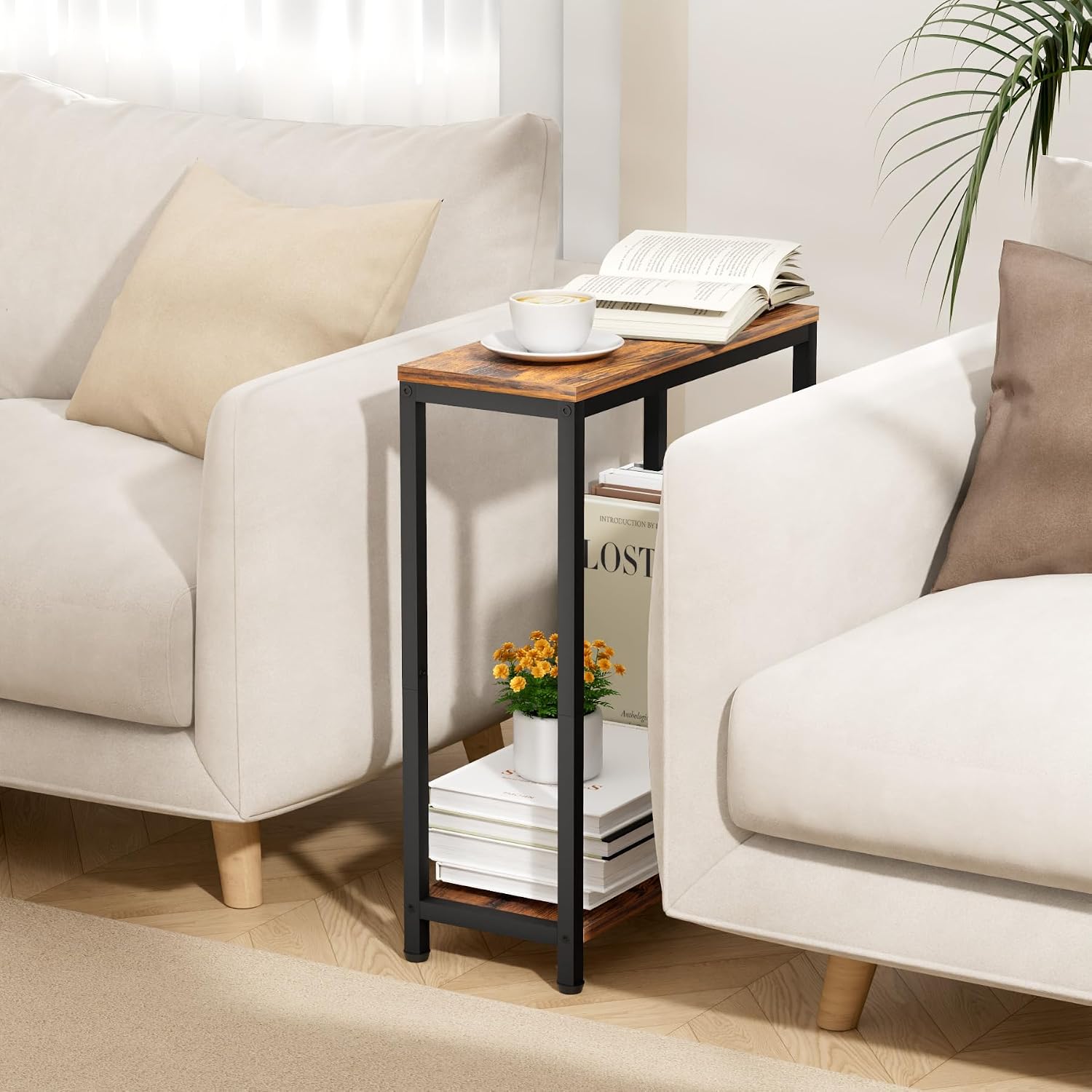 2‑Tier Narrow End Table Rustic Brown Black