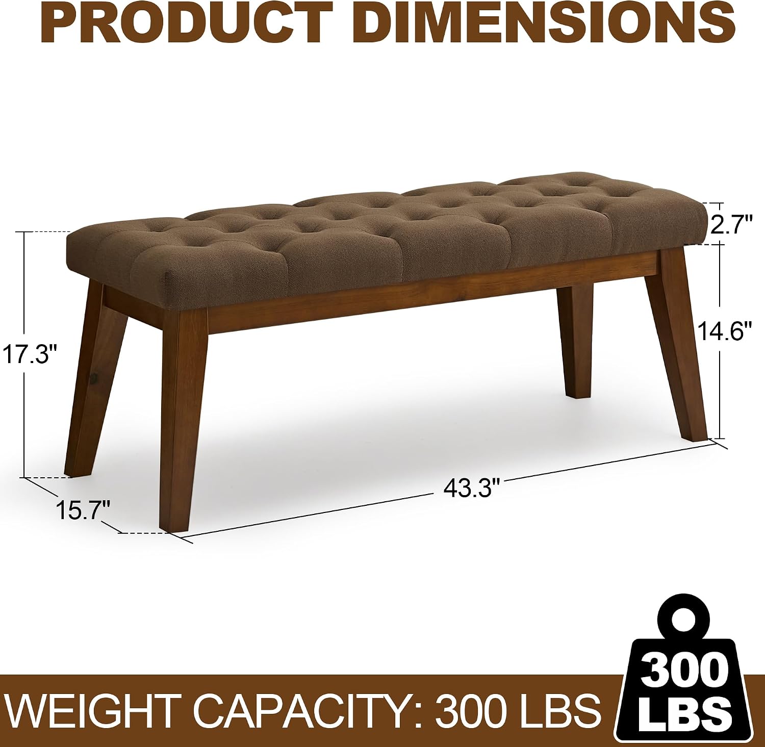 Vintage Tufted Linen Bench Wood Legs