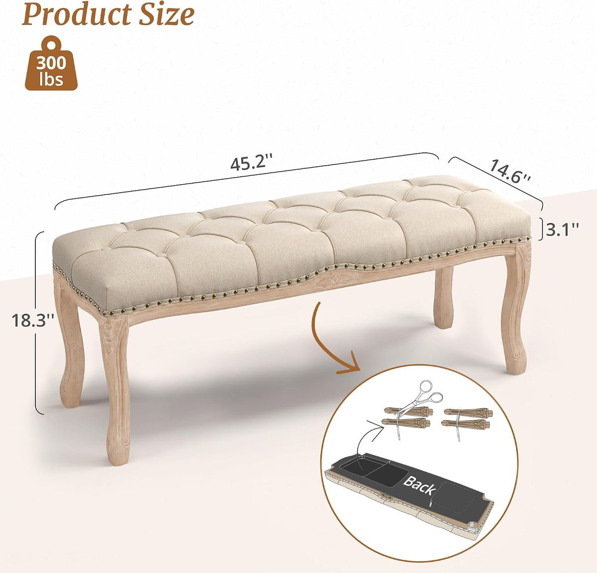 French Vintage Tufted Linen Bench Distressed Wood Legs
