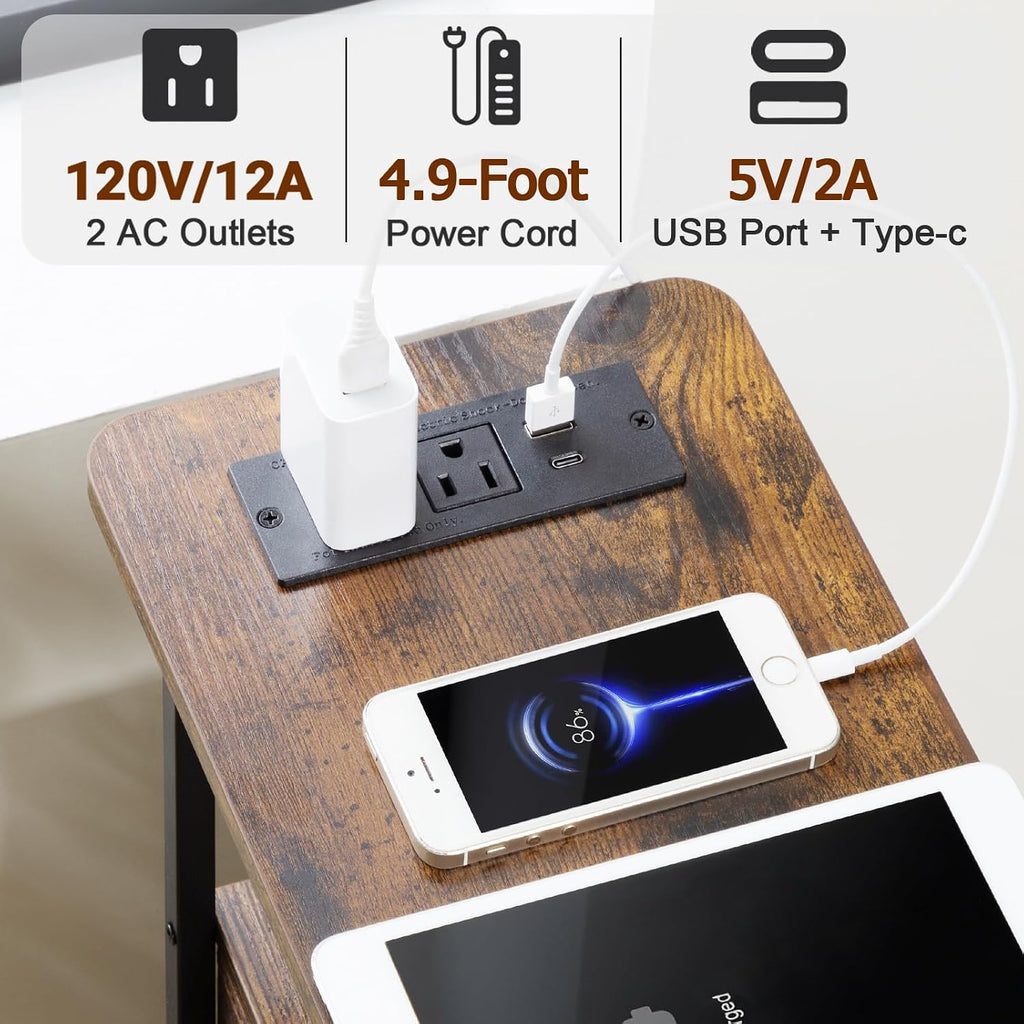 Narrow Rustic Brown End Table With Charging Station